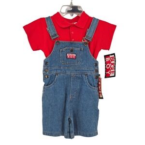 Bugle Boy Denim Overalls Red Polo Shirt Set 3T Blue Red Embroidered Vintage NWT